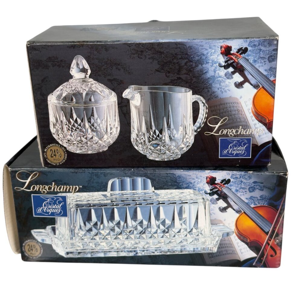 Cristal D'Arques Durand Longchamp‎ Butter Dish and Creamer & Sugar Set Lot